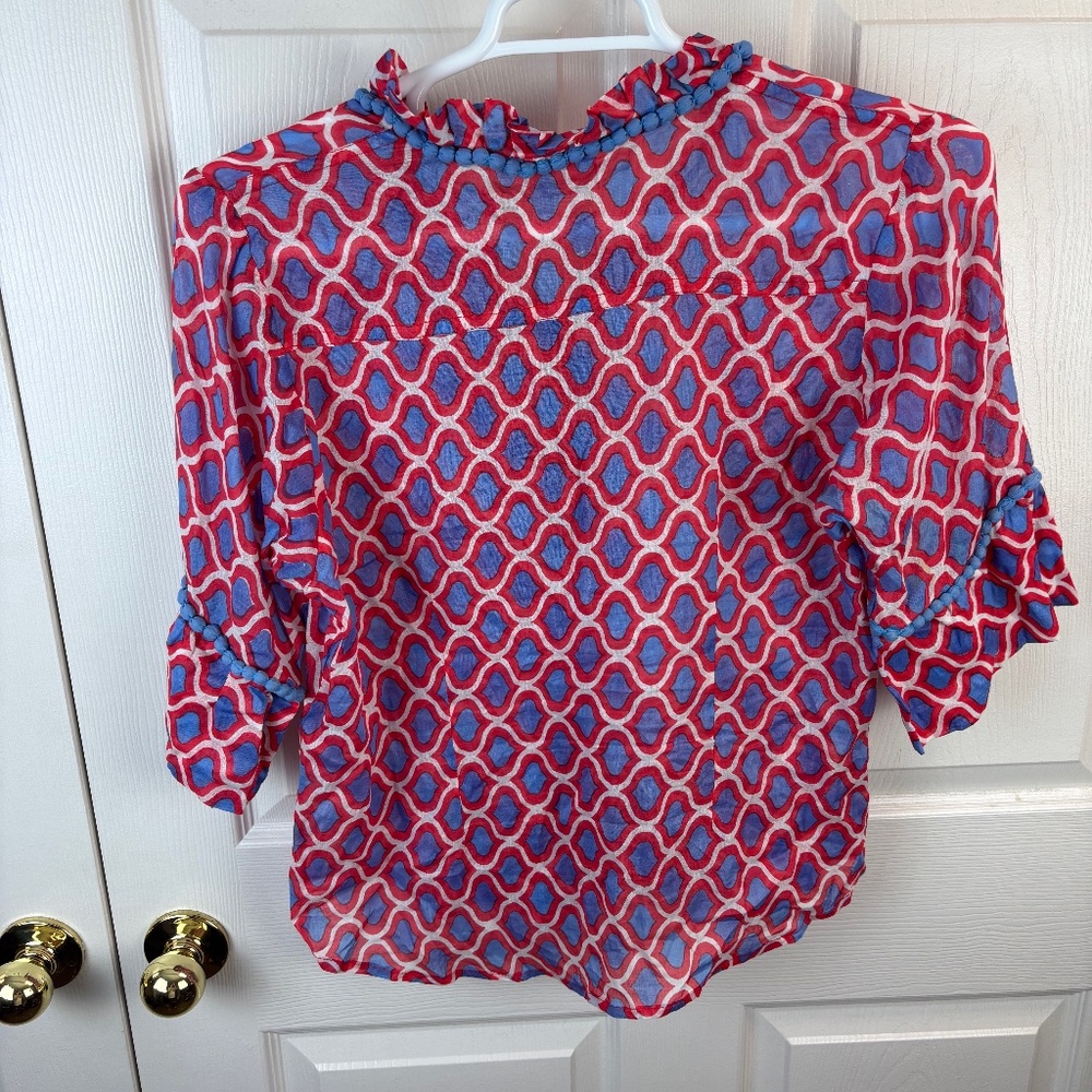 Rungolee Pompom Ruffle Button Front Top Red Blue - Picture 4 of 4